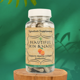 Photo of Beautiful Skin & Nails Supplement 100 Capsules per jar. Featuring Vitamin C, Horsetail, and L-Cysteine.