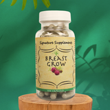 Photo of Breast Grow formula supplements. A blend of Fenugreek, Fennel, and Wild Yam Root. 100% plant-based formula. 100 capsules. Green Background