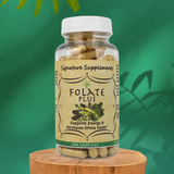 Folate Plus supplement featuring Folate, L-Ascorbic Acid, Glycine. 100 capsules in bottle.