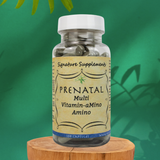 Photo of Prenatal Multi Vitamin-Amino featuring methyl folate, vegan D3, bioavailable B12, and natural iron. 100 capsules in bottle.
