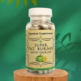photo of Super Fat Burner with Thermo Supplements featuring ingredients Garcinia Cambogia, Green Coffee Bean Extract, and Raspberry Ketone. 100 Capsules in bottle.