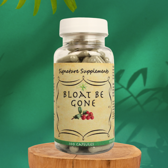 Photo of Bloat Be Gone Supplement with 100 Capsules. plant-based ingredients such as Cornsilk, Uva Ursi, Juniper Berry, Cleavers, and Queen of the Meadow, this formula promotes overall wellness. 