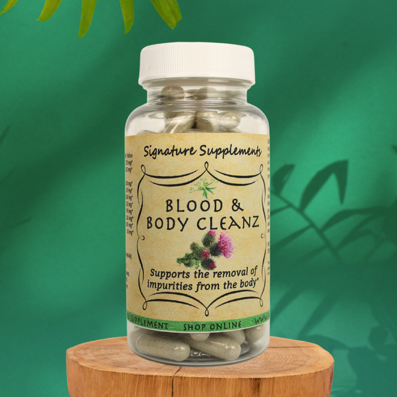 photo of Your Signature Supplements Brand Blood & Body Cleanz Supplement that contains A blend of herbs like Burdock Root, Milk Thistle, and Dandelion to promote overall cleansing and wellness. 100 capsules per bottle.