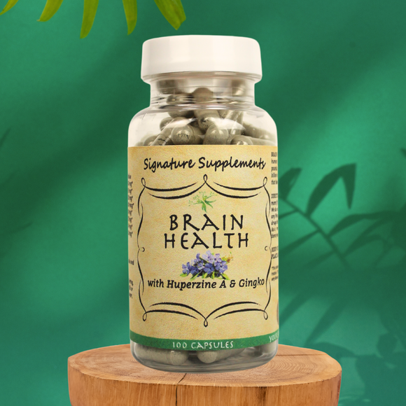 Photo of Your Signature Supplements Brain Health Formula featuring Huperzine A & Gingko. 100 capsules