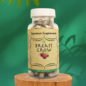  Photo of Breast Grow formula supplements. A blend of Fenugreek, Fennel, and Wild Yam Root. 100% plant-based formula. 100 capsules. Green Background