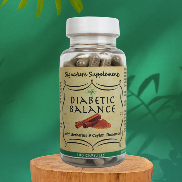 Photo of Diabetic Balance Supplement with Berberine and Cinnamon. 100 capsules in bottle.