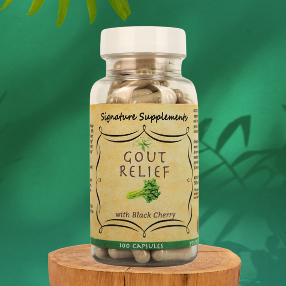 photo of Gout Relief formula featuring Black Cherry ingredient. 100 capsules. Your Signature Supplements Brand