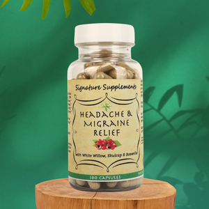 photo of Headache Migraine Relief supplement. Combines Coral Calcium, White Willow, Guarana, and Feverfew in convenient capsules for natural wellness support.