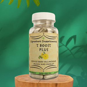 Photo of T Boost formula Supplements.  blend of herbs, including Tribulus Terrestris, Fenugreek, Ashwagandha, Tongkat Ali, and Cordyceps. Your Signature Supplements. 100 capsules in bottle.